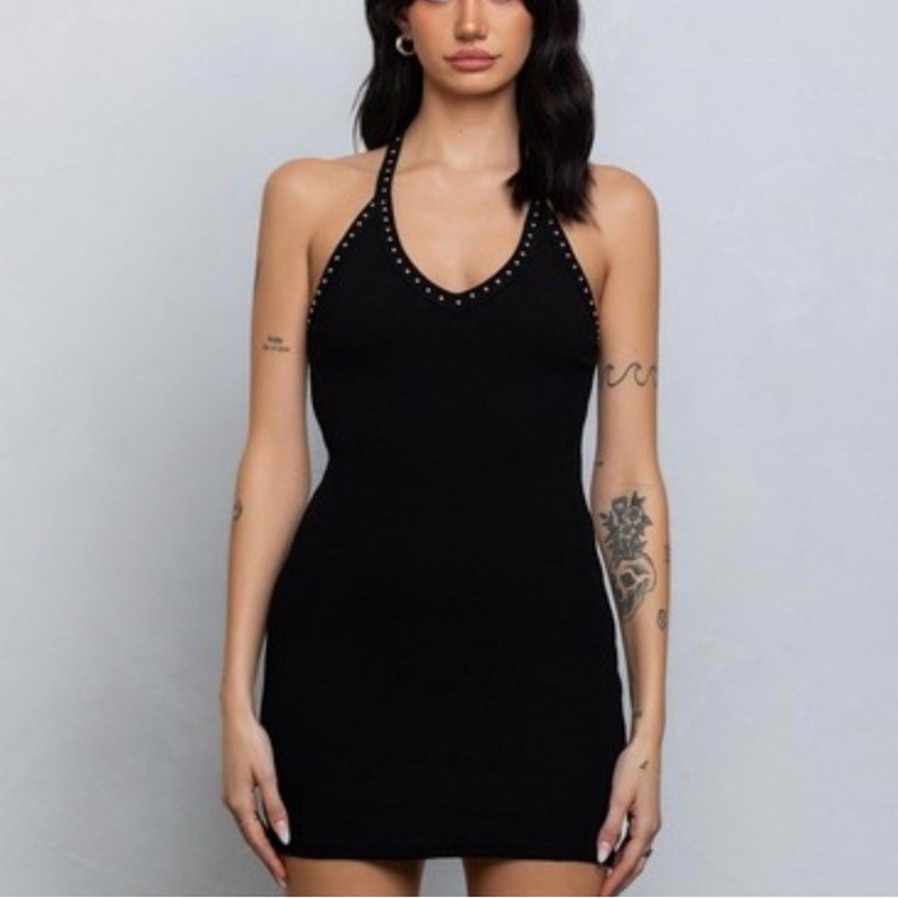 #127 black studded mini dress